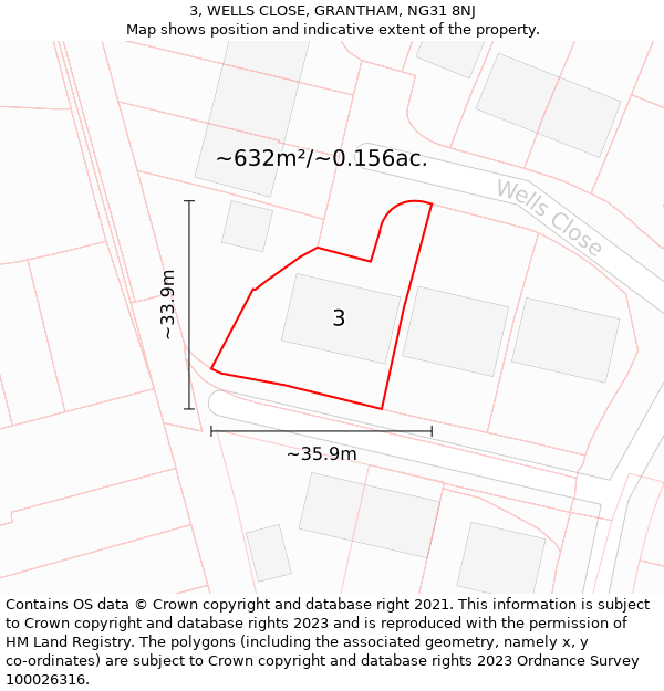 3, WELLS CLOSE, GRANTHAM, NG31 8NJ: Plot and title map