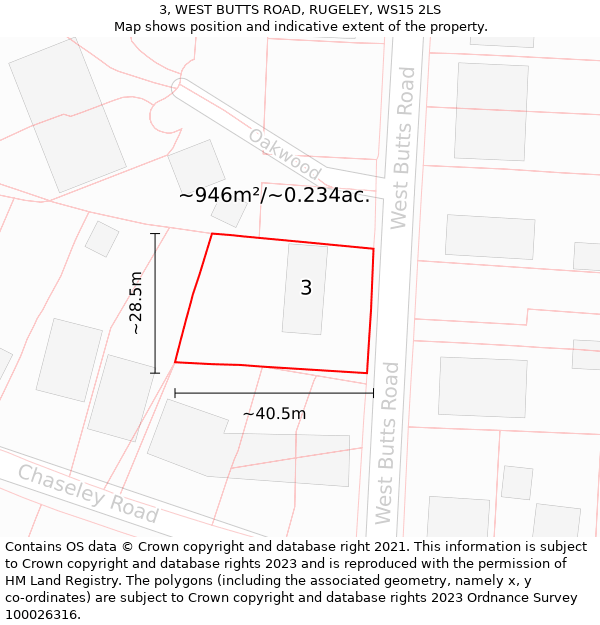 3, WEST BUTTS ROAD, RUGELEY, WS15 2LS: Plot and title map