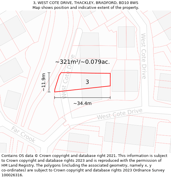 3, WEST COTE DRIVE, THACKLEY, BRADFORD, BD10 8WS: Plot and title map