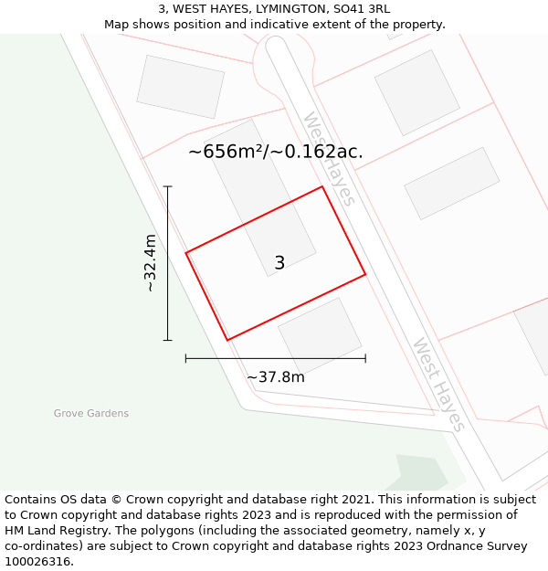 3, WEST HAYES, LYMINGTON, SO41 3RL: Plot and title map