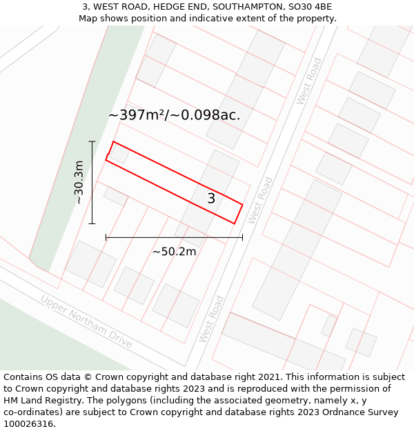 3, WEST ROAD, HEDGE END, SOUTHAMPTON, SO30 4BE: Plot and title map