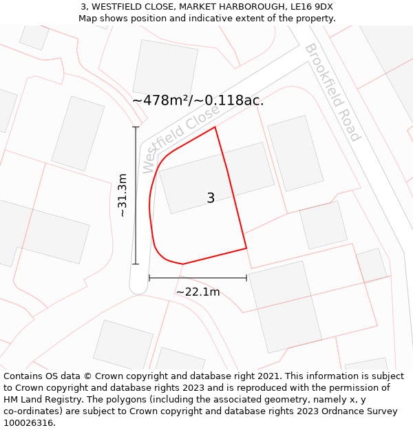 3, WESTFIELD CLOSE, MARKET HARBOROUGH, LE16 9DX: Plot and title map