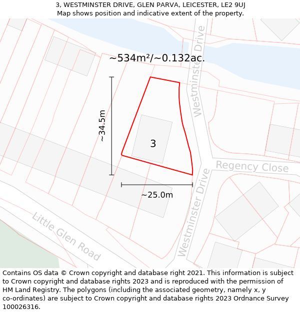 3, WESTMINSTER DRIVE, GLEN PARVA, LEICESTER, LE2 9UJ: Plot and title map