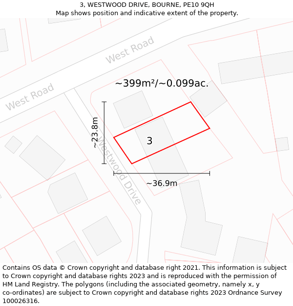 3, WESTWOOD DRIVE, BOURNE, PE10 9QH: Plot and title map