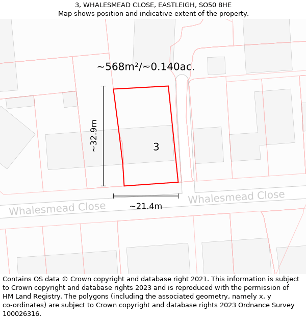 3, WHALESMEAD CLOSE, EASTLEIGH, SO50 8HE: Plot and title map