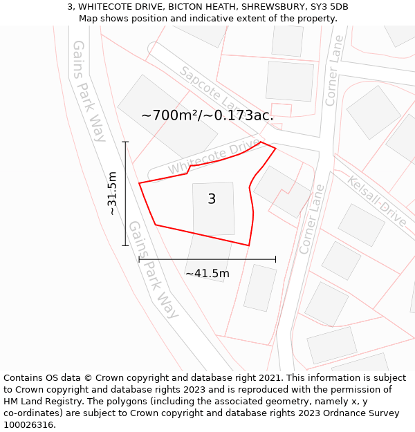 3, WHITECOTE DRIVE, BICTON HEATH, SHREWSBURY, SY3 5DB: Plot and title map