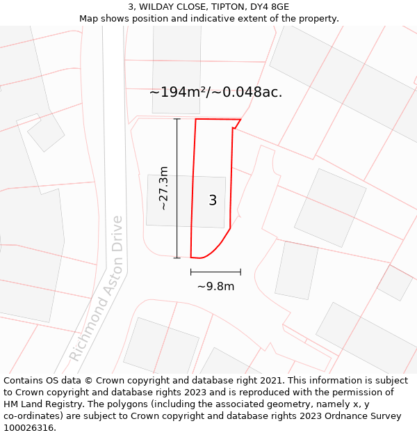 3, WILDAY CLOSE, TIPTON, DY4 8GE: Plot and title map