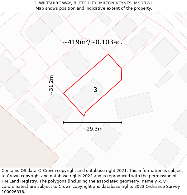 3, WILTSHIRE WAY, BLETCHLEY, MILTON KEYNES, MK3 7WL: Plot and title map