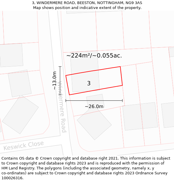 3, WINDERMERE ROAD, BEESTON, NOTTINGHAM, NG9 3AS: Plot and title map