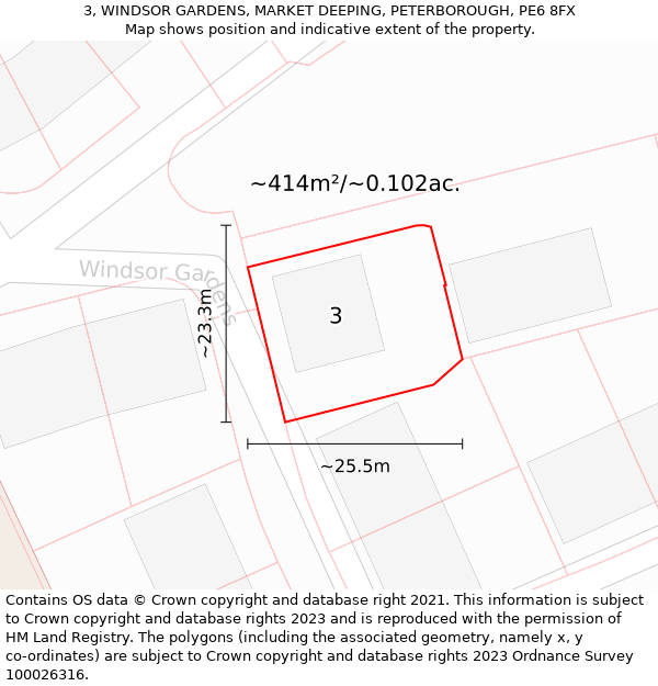 3, WINDSOR GARDENS, MARKET DEEPING, PETERBOROUGH, PE6 8FX: Plot and title map