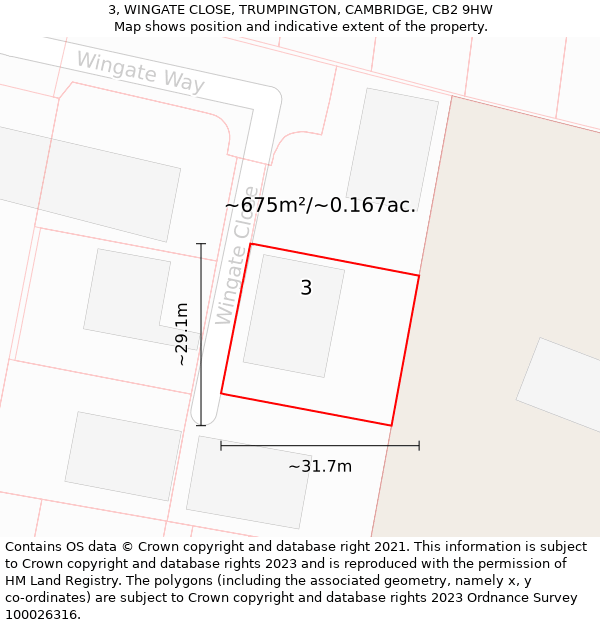 3, WINGATE CLOSE, TRUMPINGTON, CAMBRIDGE, CB2 9HW: Plot and title map