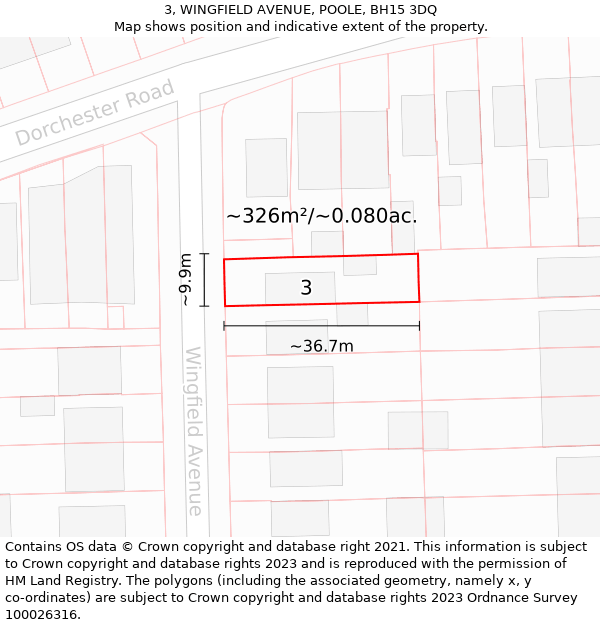 3, WINGFIELD AVENUE, POOLE, BH15 3DQ: Plot and title map
