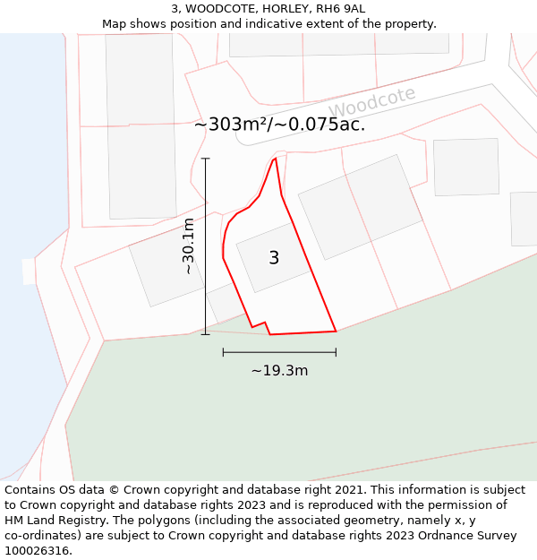 3, WOODCOTE, HORLEY, RH6 9AL: Plot and title map