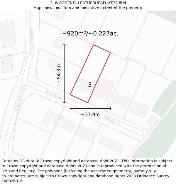 3, WOODEND, LEATHERHEAD, KT22 8LN: Plot and title map