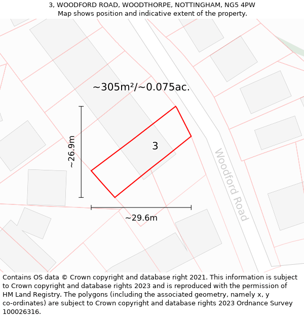 3, WOODFORD ROAD, WOODTHORPE, NOTTINGHAM, NG5 4PW: Plot and title map