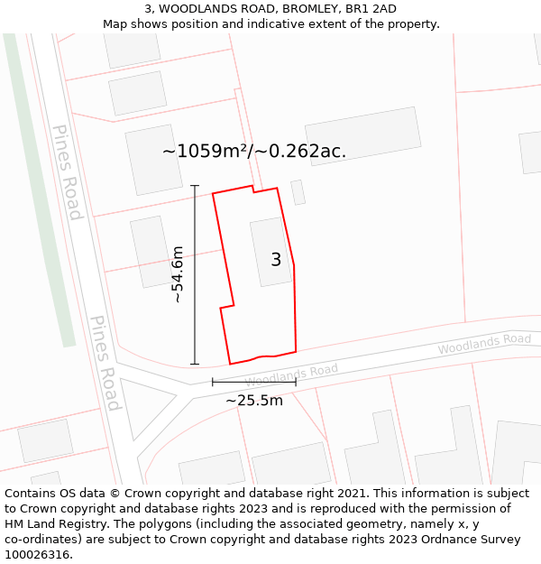 3, WOODLANDS ROAD, BROMLEY, BR1 2AD: Plot and title map