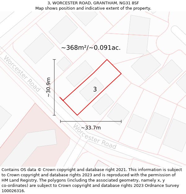 3, WORCESTER ROAD, GRANTHAM, NG31 8SF: Plot and title map