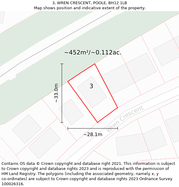 3, WREN CRESCENT, POOLE, BH12 1LB: Plot and title map