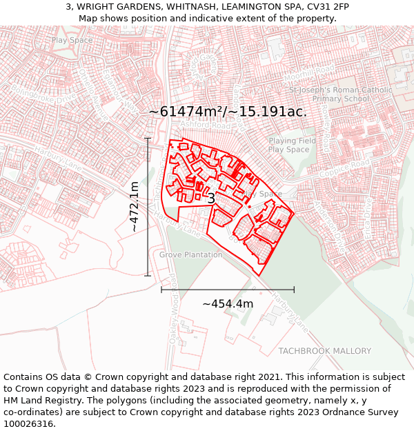 3, WRIGHT GARDENS, WHITNASH, LEAMINGTON SPA, CV31 2FP: Plot and title map