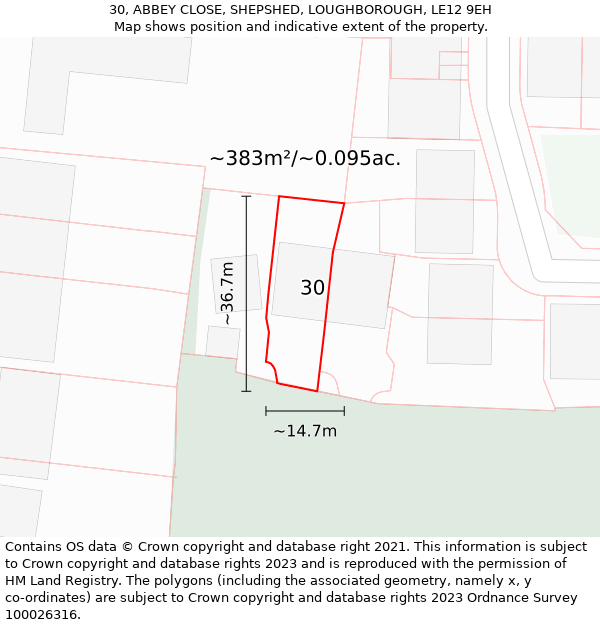 30, ABBEY CLOSE, SHEPSHED, LOUGHBOROUGH, LE12 9EH: Plot and title map