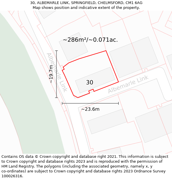 30, ALBEMARLE LINK, SPRINGFIELD, CHELMSFORD, CM1 6AG: Plot and title map