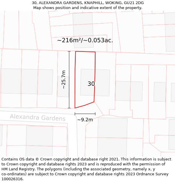 30, ALEXANDRA GARDENS, KNAPHILL, WOKING, GU21 2DG: Plot and title map