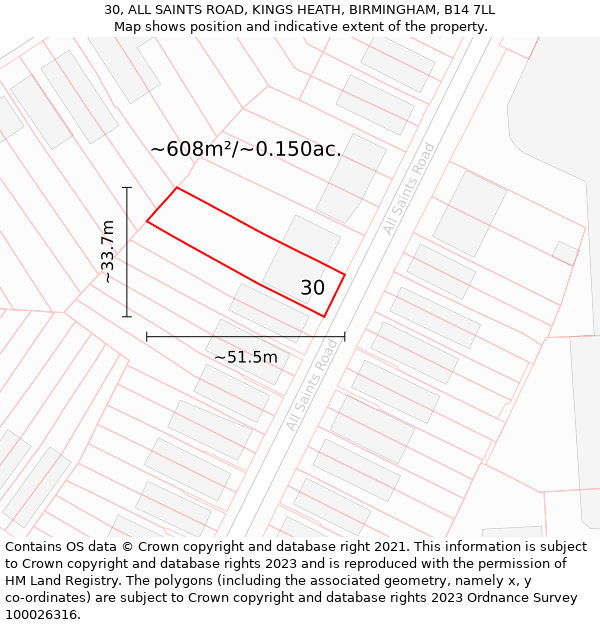 30, ALL SAINTS ROAD, KINGS HEATH, BIRMINGHAM, B14 7LL: Plot and title map