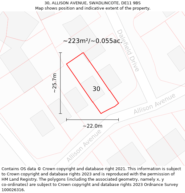 30, ALLISON AVENUE, SWADLINCOTE, DE11 9BS: Plot and title map