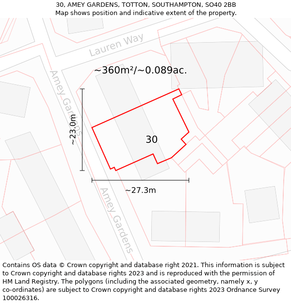 30, AMEY GARDENS, TOTTON, SOUTHAMPTON, SO40 2BB: Plot and title map