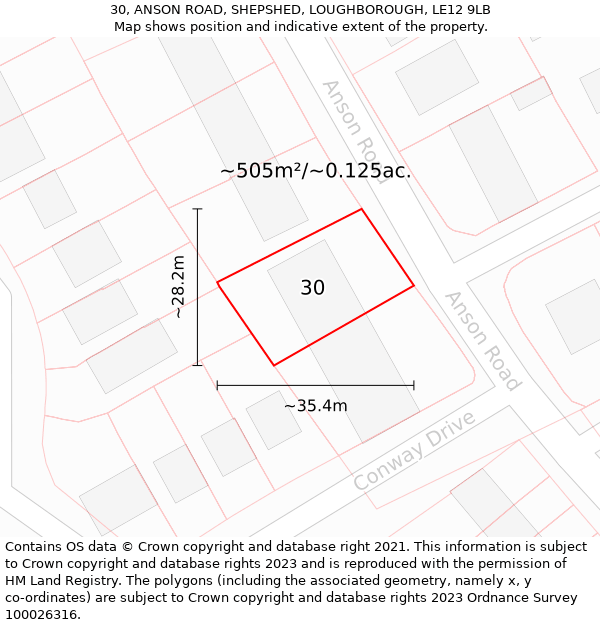 30, ANSON ROAD, SHEPSHED, LOUGHBOROUGH, LE12 9LB: Plot and title map