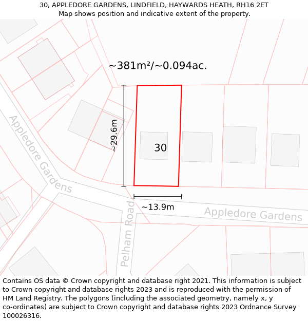 30, APPLEDORE GARDENS, LINDFIELD, HAYWARDS HEATH, RH16 2ET: Plot and title map