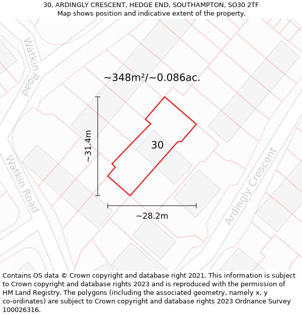 30, ARDINGLY CRESCENT, HEDGE END, SOUTHAMPTON, SO30 2TF: Plot and title map