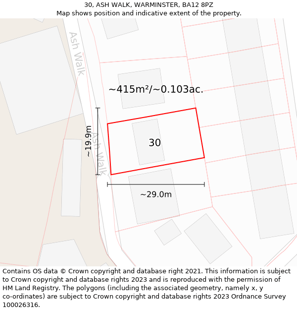 30, ASH WALK, WARMINSTER, BA12 8PZ: Plot and title map