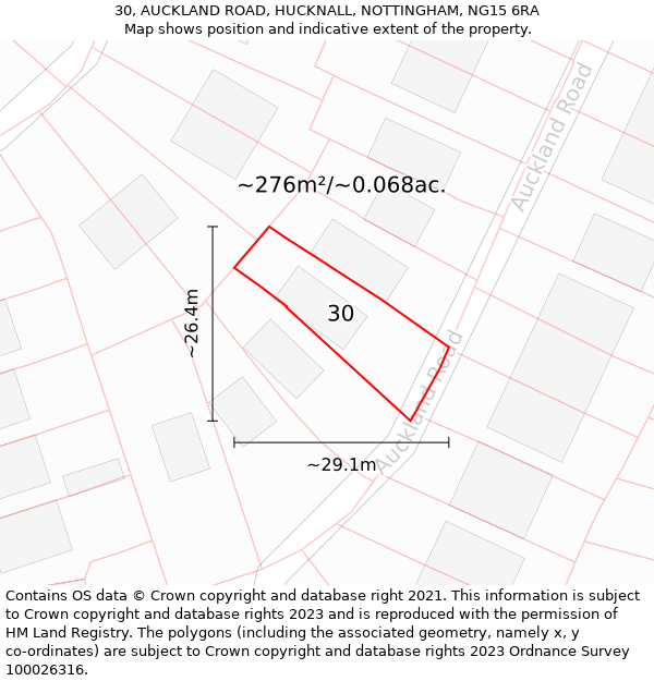 30, AUCKLAND ROAD, HUCKNALL, NOTTINGHAM, NG15 6RA: Plot and title map