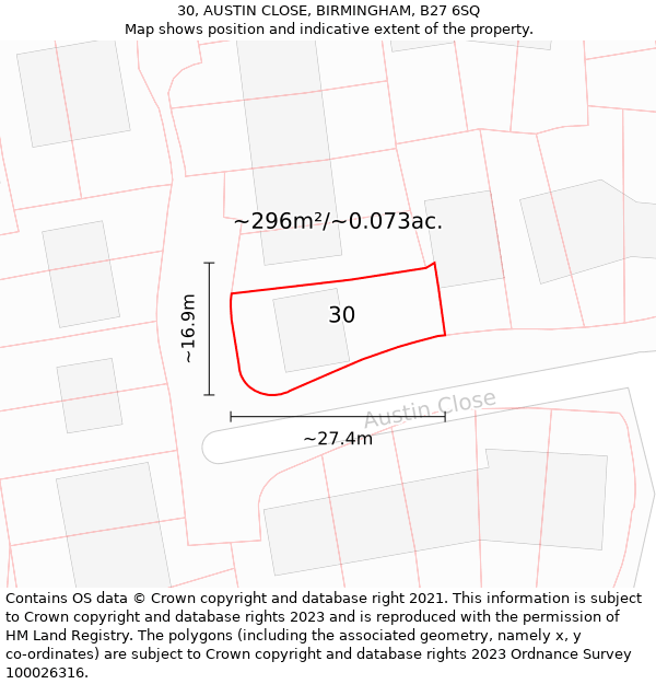 30, AUSTIN CLOSE, BIRMINGHAM, B27 6SQ: Plot and title map