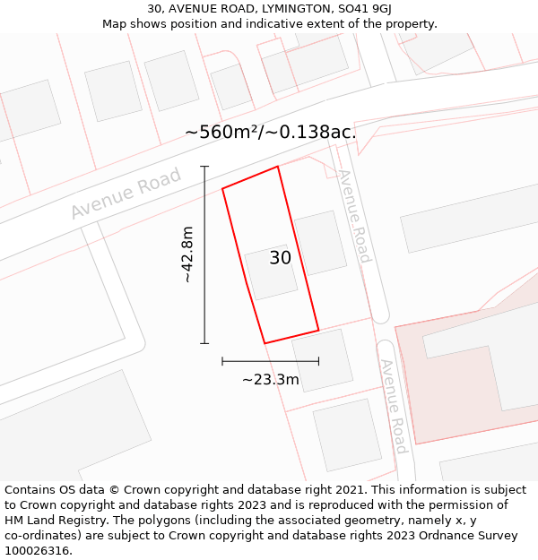 30, AVENUE ROAD, LYMINGTON, SO41 9GJ: Plot and title map