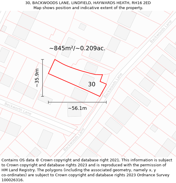 30, BACKWOODS LANE, LINDFIELD, HAYWARDS HEATH, RH16 2ED: Plot and title map
