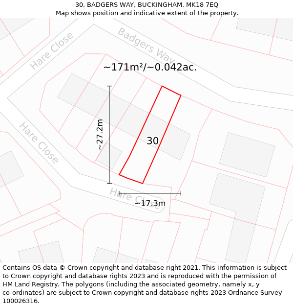 30, BADGERS WAY, BUCKINGHAM, MK18 7EQ: Plot and title map