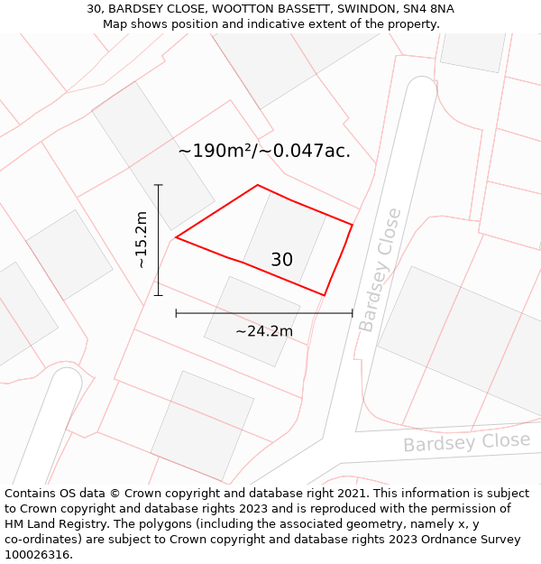 30, BARDSEY CLOSE, WOOTTON BASSETT, SWINDON, SN4 8NA: Plot and title map