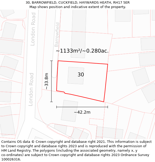 30, BARROWFIELD, CUCKFIELD, HAYWARDS HEATH, RH17 5ER: Plot and title map