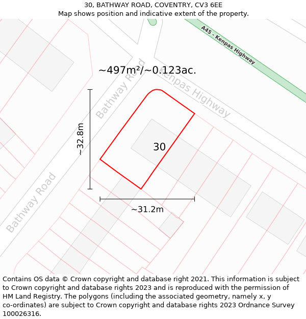 30, BATHWAY ROAD, COVENTRY, CV3 6EE: Plot and title map