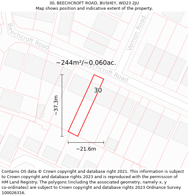 30, BEECHCROFT ROAD, BUSHEY, WD23 2JU: Plot and title map