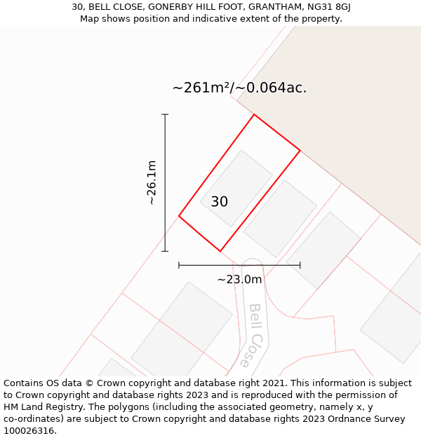 30, BELL CLOSE, GONERBY HILL FOOT, GRANTHAM, NG31 8GJ: Plot and title map