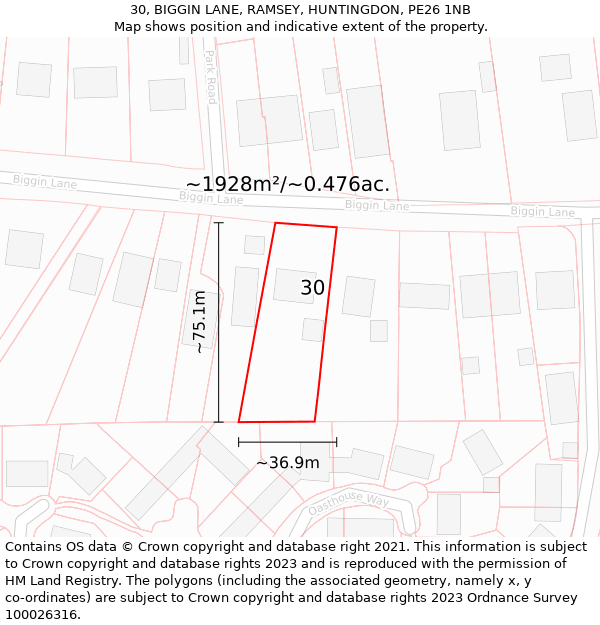 30, BIGGIN LANE, RAMSEY, HUNTINGDON, PE26 1NB: Plot and title map