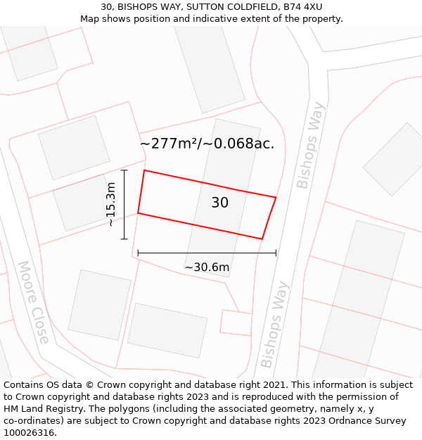 30, BISHOPS WAY, SUTTON COLDFIELD, B74 4XU: Plot and title map