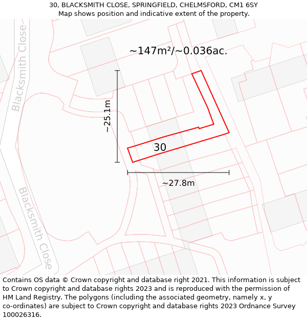 30, BLACKSMITH CLOSE, SPRINGFIELD, CHELMSFORD, CM1 6SY: Plot and title map