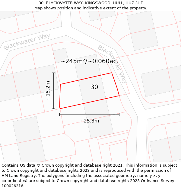 30, BLACKWATER WAY, KINGSWOOD, HULL, HU7 3HF: Plot and title map