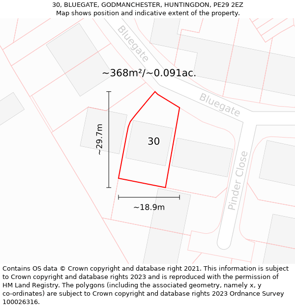 30, BLUEGATE, GODMANCHESTER, HUNTINGDON, PE29 2EZ: Plot and title map