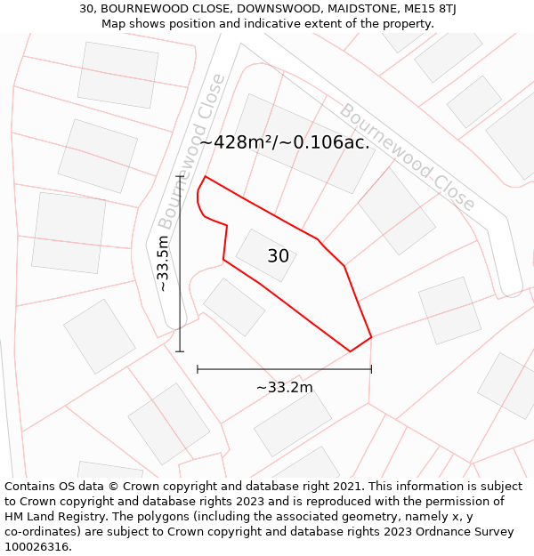 30, BOURNEWOOD CLOSE, DOWNSWOOD, MAIDSTONE, ME15 8TJ: Plot and title map
