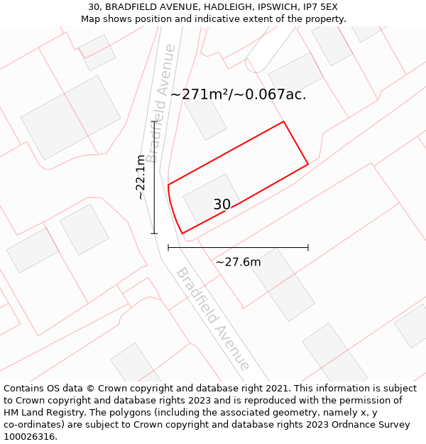 30, BRADFIELD AVENUE, HADLEIGH, IPSWICH, IP7 5EX: Plot and title map